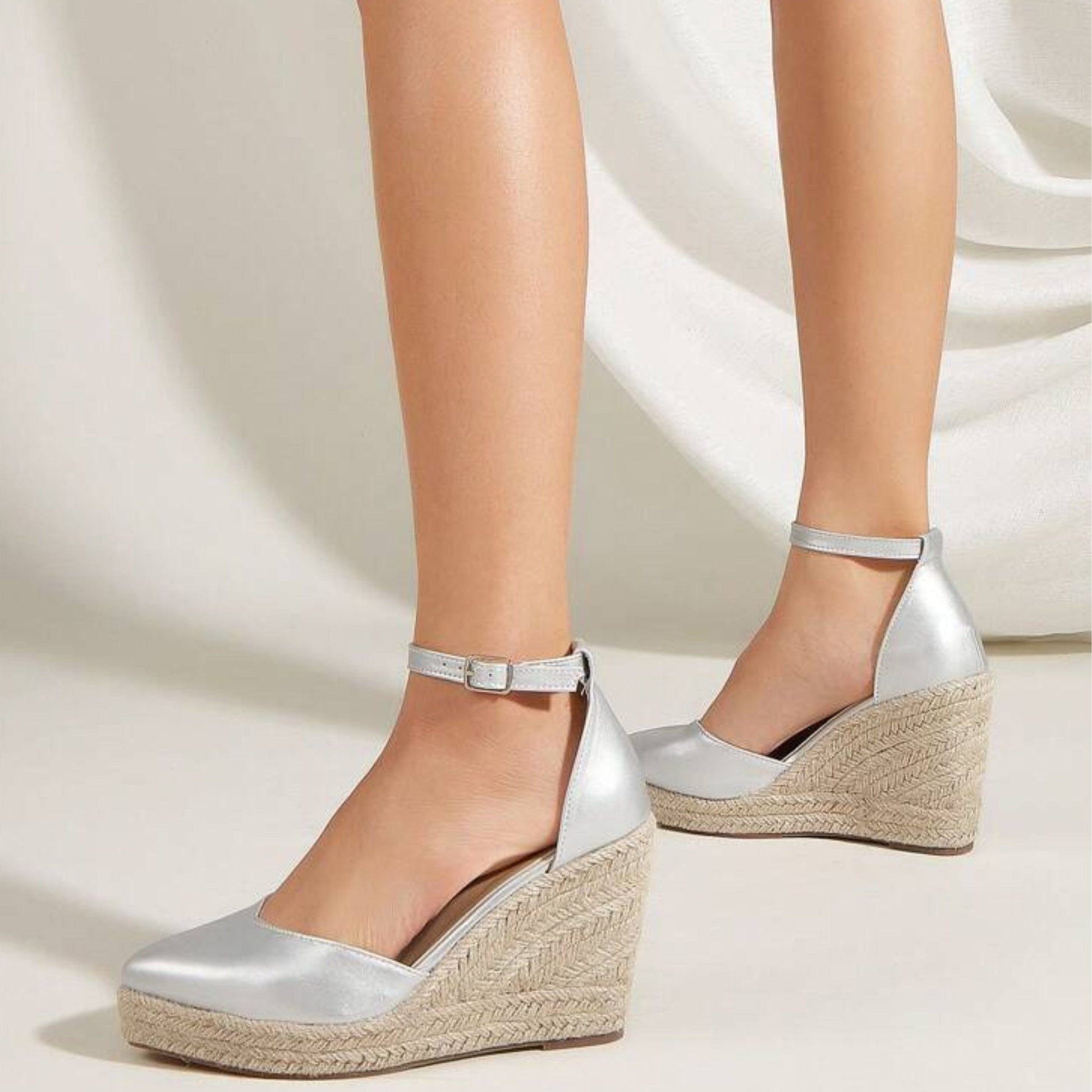 SHEIN Shein Womens Shoes 38 / Silver SHEIN - Metallic Espadrille Ankle Strap Wedge Court Shoes