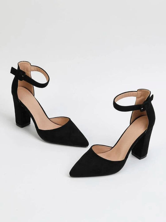 SHEIN Shein Womens Shoes 41 / Black SHEIN - Minimalist Point Toe Chunky Heeled Ankle Strap Pumps, Elegant Black Faux Suede Pumps