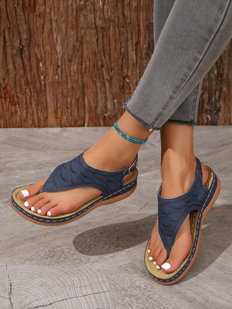 SHEIN Shein Womens Shoes 40 / Navy SHEIN - New Summer Plus Size Blue Metal Buckle 'Z' Shape Thong Sandals