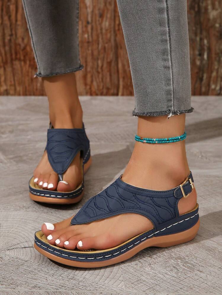 SHEIN Shein Womens Shoes 40 / Navy SHEIN - New Summer Plus Size Blue Metal Buckle 'Z' Shape Thong Sandals