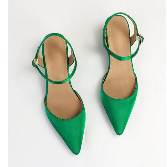 SHEIN Shein Womens Shoes 40 / Green SHEIN - Point Toe Heeled Satin Ankle Strap Pumps