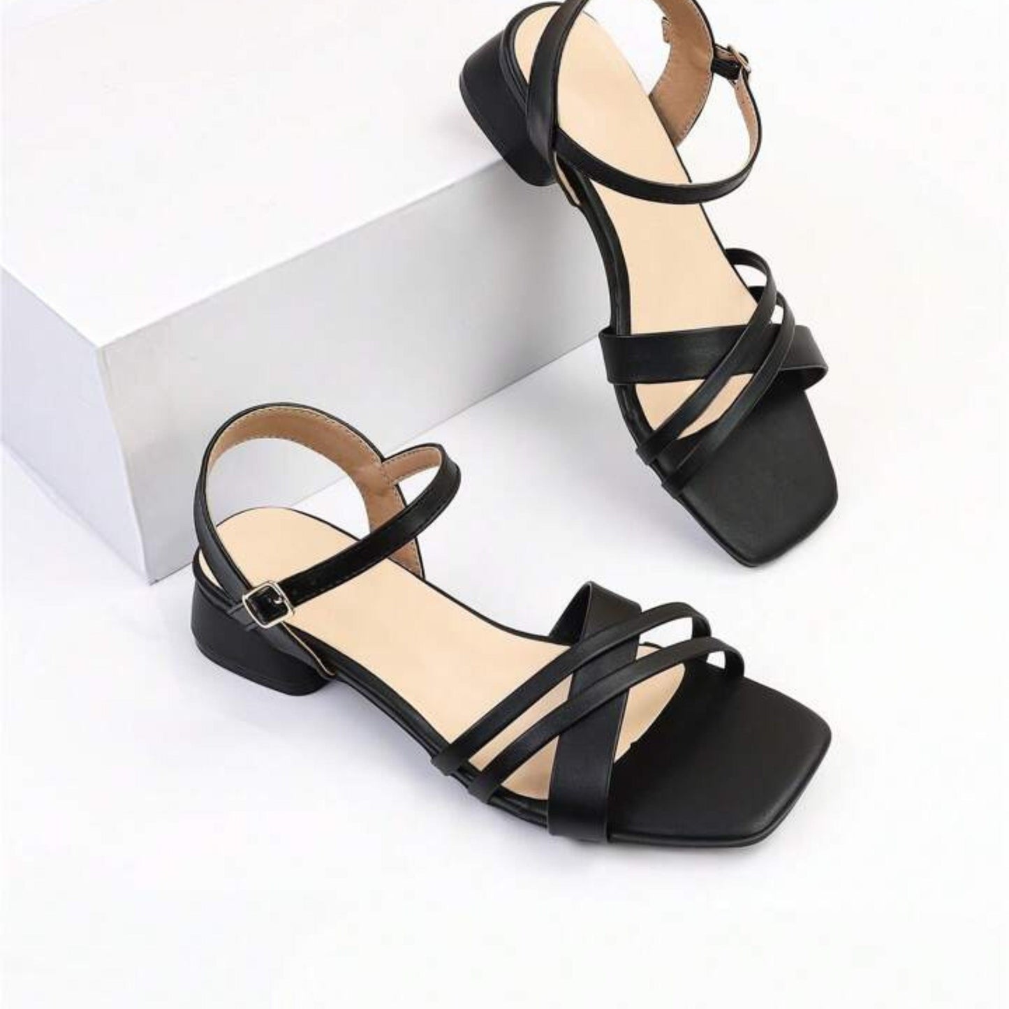 SHEIN Shein Womens Shoes 40 / Black SHEIN - Rhinestone & Buckle Décor Chunky Heeled Ankle Strap Sandals