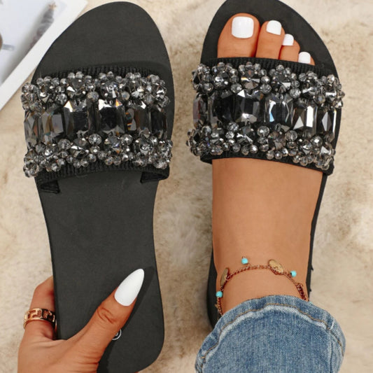 SHEIN Shein Womens Shoes 41 / Black SHEIN - Rhinestone Décor Single Strap Slides Black Fashionable Slippers