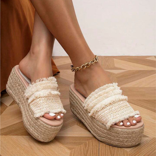 SHEIN Shein Womens Shoes 42 / Beige SHEIN - Straw Woven Rawhide Striped Heel