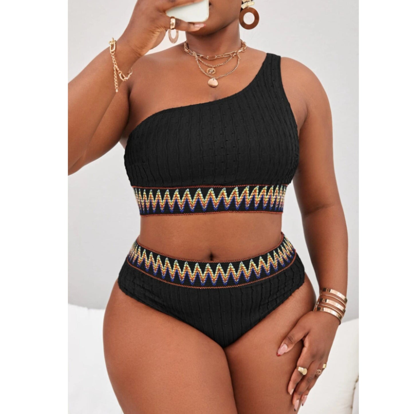 SHEIN Shein Womens Swimwear XL / Black SHEIN - Chevron Tape One Shoulder High Waist Bikini