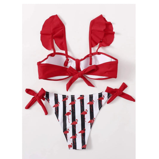 SHEIN Shein Womens Swimwear L / Red SHEIN - Flamingo Stripe Print Bikini Set