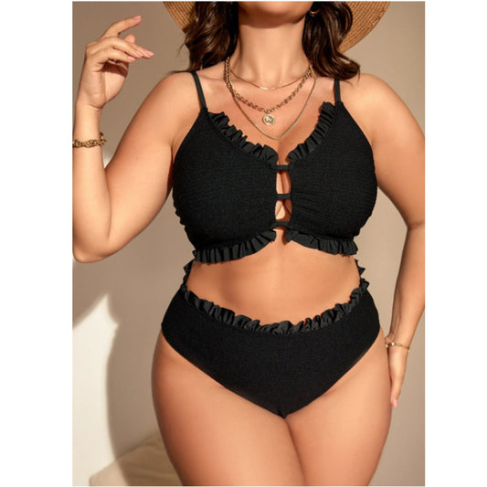 SHEIN Shein Womens Swimwear XXL / Black SHEIN - Frill Trim Bikini Set