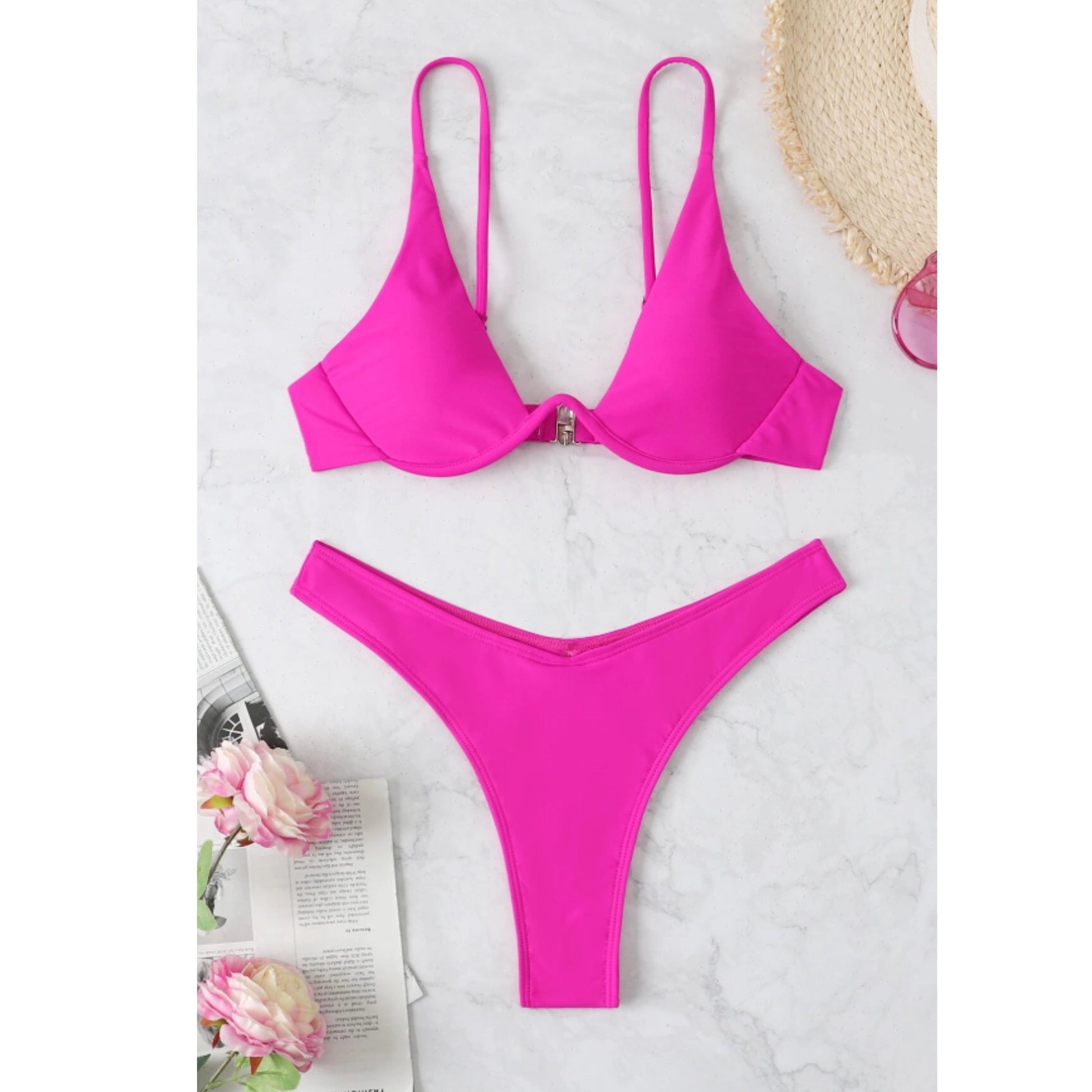 SHEIN Shein Womens Swimwear S / Fuchsia SHEIN - Mono Bikini Set Underwired Bra & High Cut Bottom