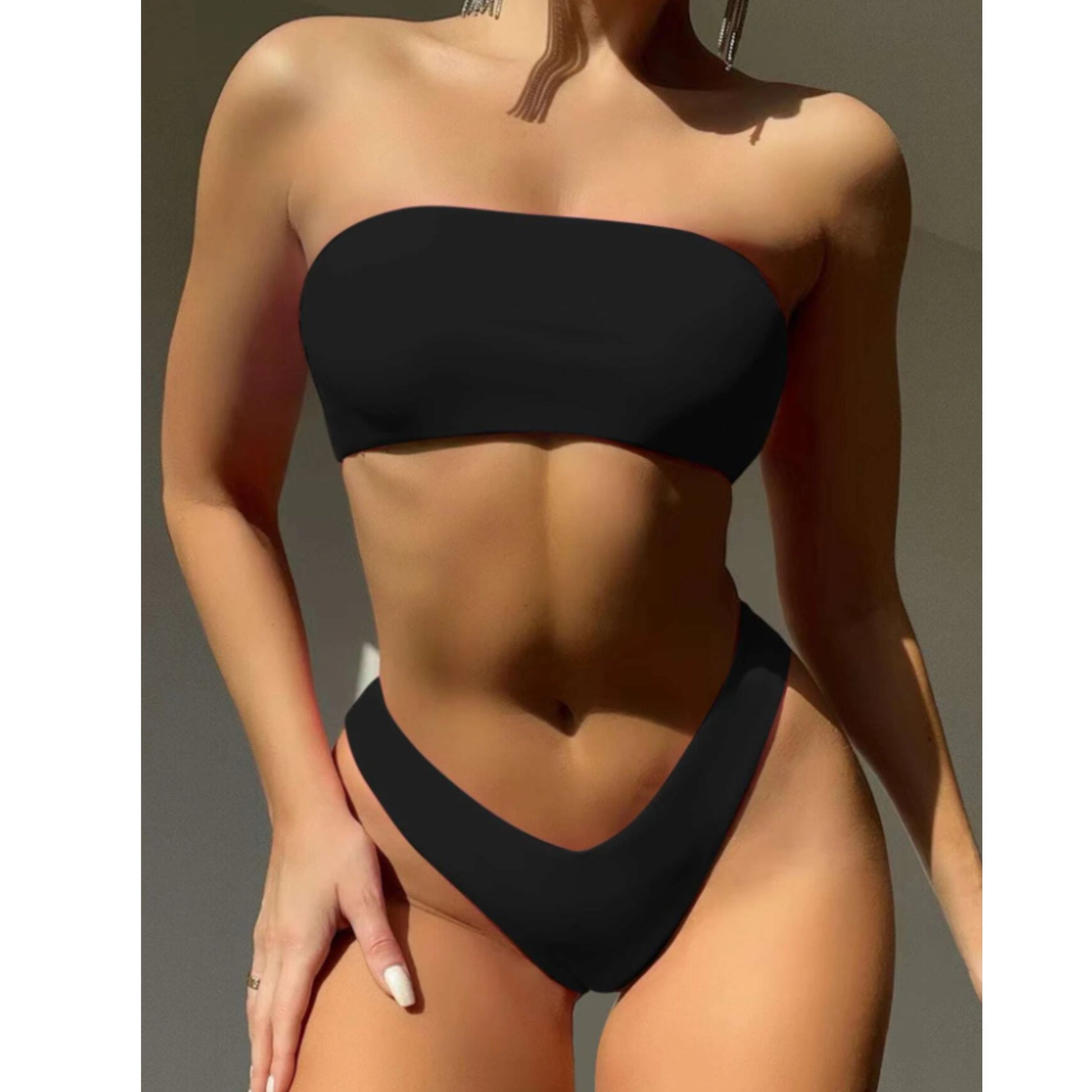 SHEIN Shein Womens Swimwear S / Black SHEIN - Rib Bandeau High Cut Bikini