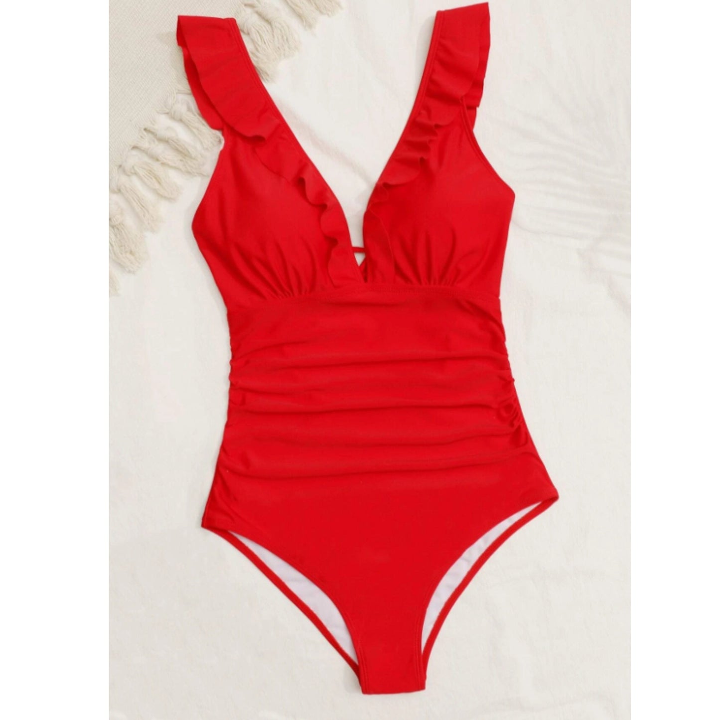 SHEIN Shein Womens Swimwear M / Red SHEIN - Ruffle Trim Cut Out Tie Back Ruched One Piece Swimsuit