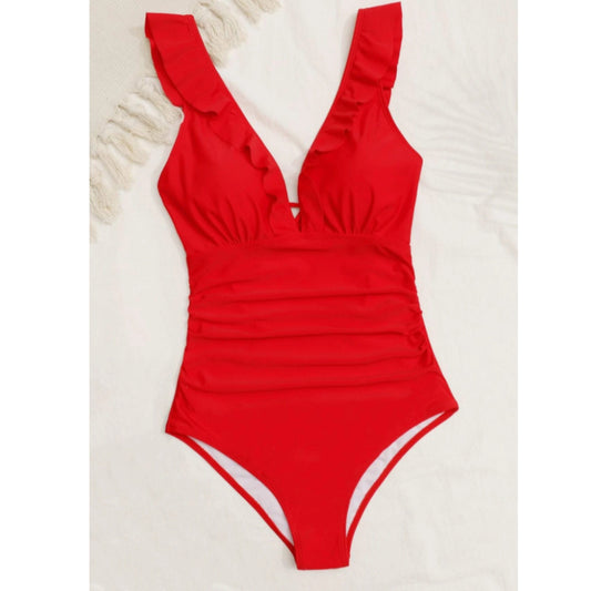 SHEIN Shein Womens Swimwear M / Red SHEIN - Ruffle Trim Cut Out Tie Back Ruched One Piece Swimsuit