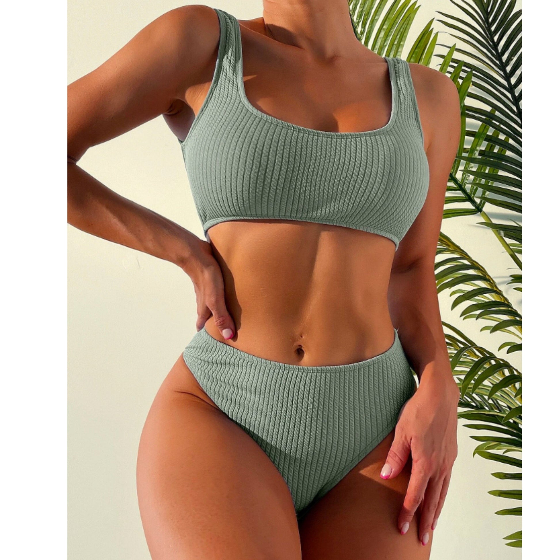 SHEIN Shein Womens Swimwear S / Green SHEIN - Swim Summer Beach Ribbed Bikini Set Tank Top & Bikini