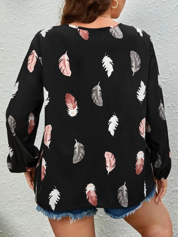 SHEIN Shein Womens Tops L / Black SHEIN - All Over Feather Printed Blouse