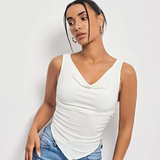 SHEIN Shein Womens Tops L / White SHEIN - Draped Collar Ruched Hanky Hem Tank Top