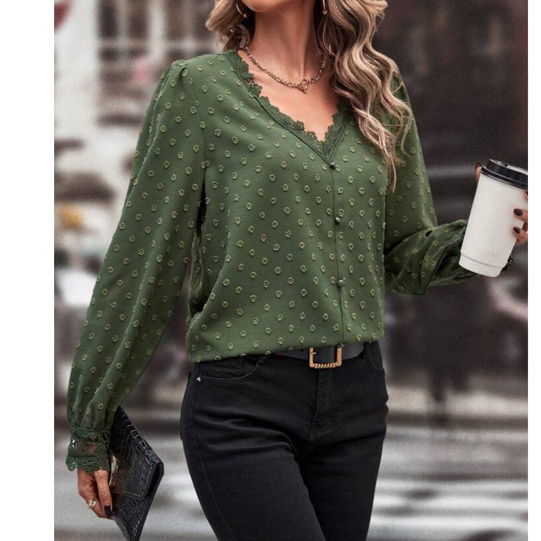 SHEIN Shein Womens Tops M / Green SHEIN - Lace Neckline Embroidered Blouse