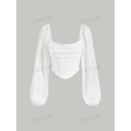 SHEIN Shein Womens Tops Tall L / White SHEIN - Lantern Sleeve Asymmetrical Hem Crop Top