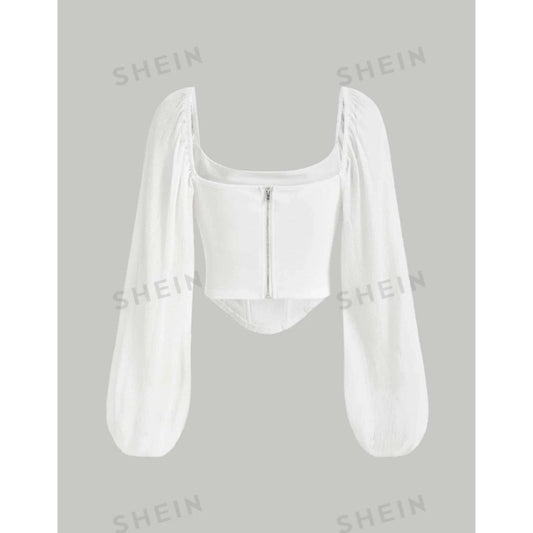 SHEIN Shein Womens Tops Tall L / White SHEIN - Lantern Sleeve Asymmetrical Hem Crop Top