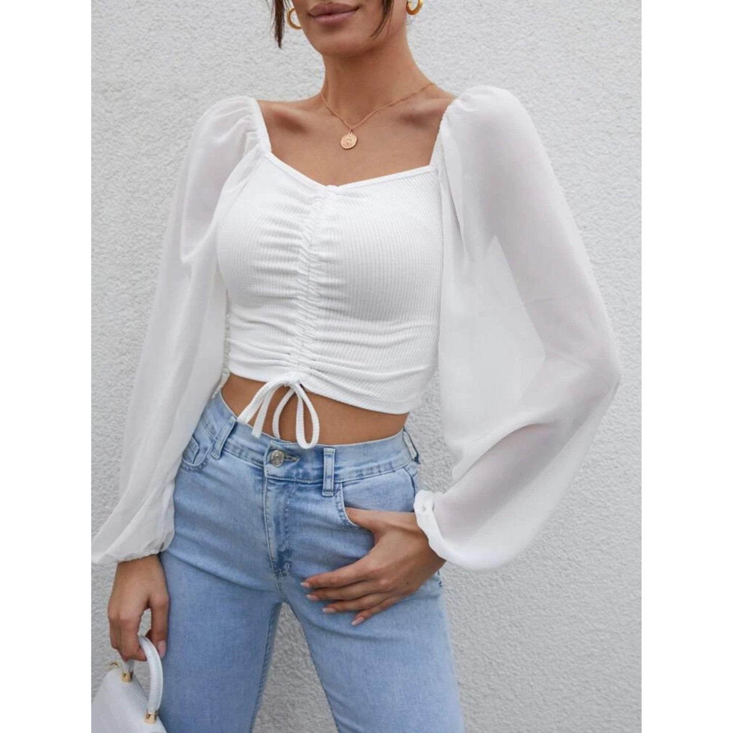 SHEIN Shein Womens Tops L / White SHEIN -  Lantern Sleeve Crop Top with Tie-Up