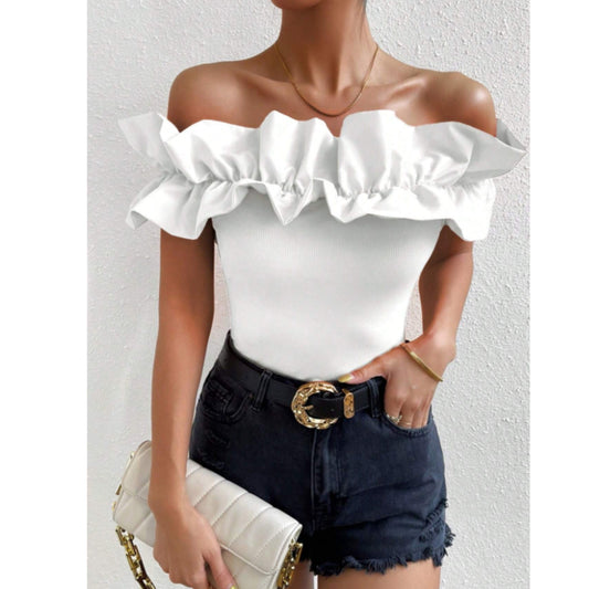 SHEIN Shein Womens Tops M / White SHEIN -  Off Shoulder Ruffle Trim top