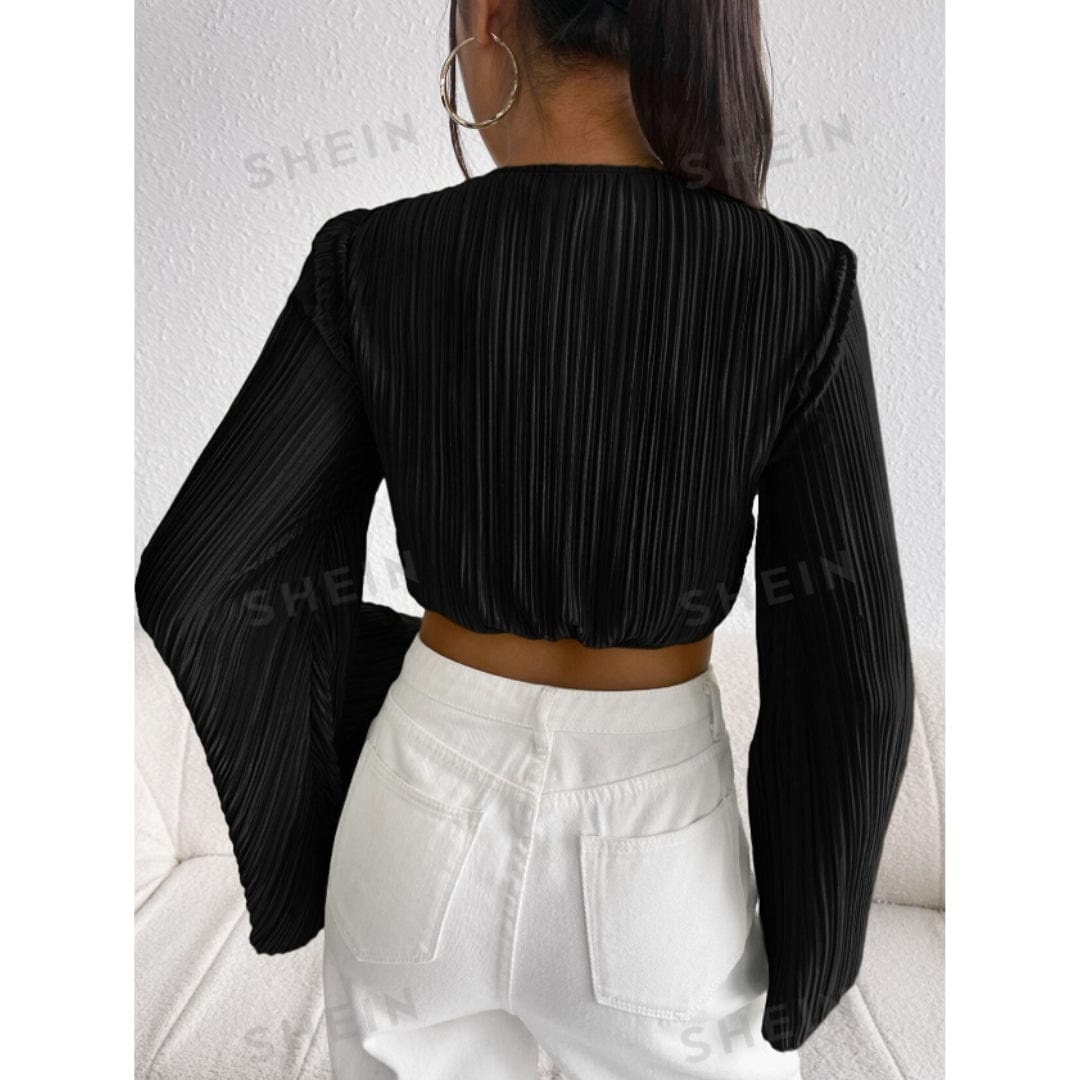 SHEIN Shein Womens Tops L / Black SHEIN - Pleated Front Ruffle Sleeve Crop Top