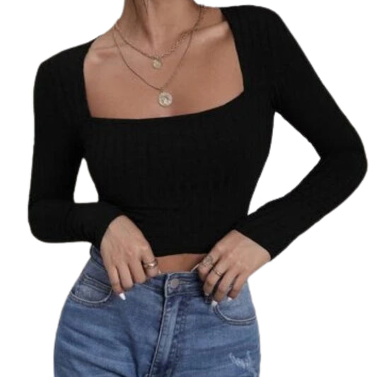 SHEIN Shein Womens Tops XS / Black SHEIN -  Ribbed Knit Square Neck Crop T-Shirt