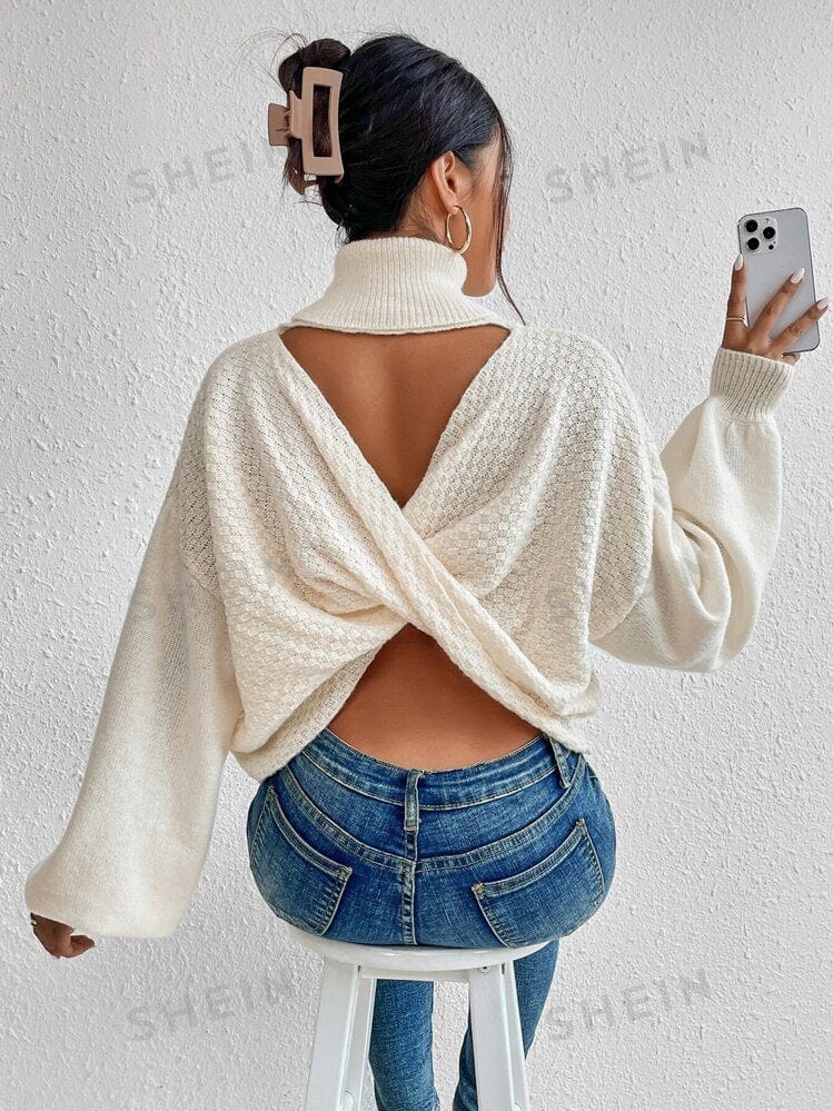 SHEIN Shein Womens Tops S / Off-White SHEIN - Turtleneck Twist Back Bishop Sleeve Sweater