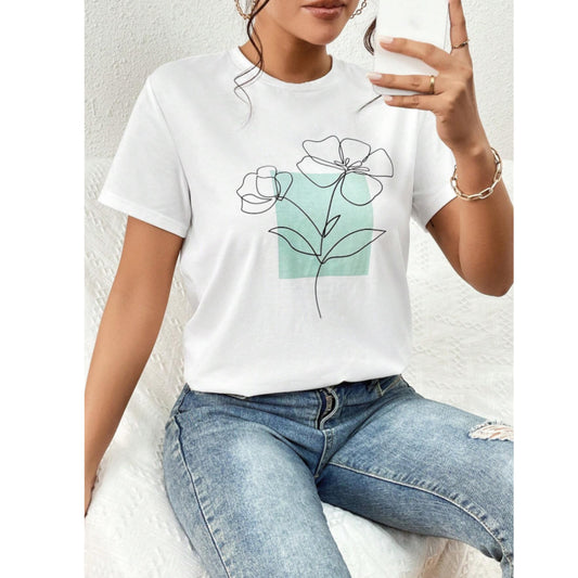 SHEIN - Round Neck Floral Print T-shirt