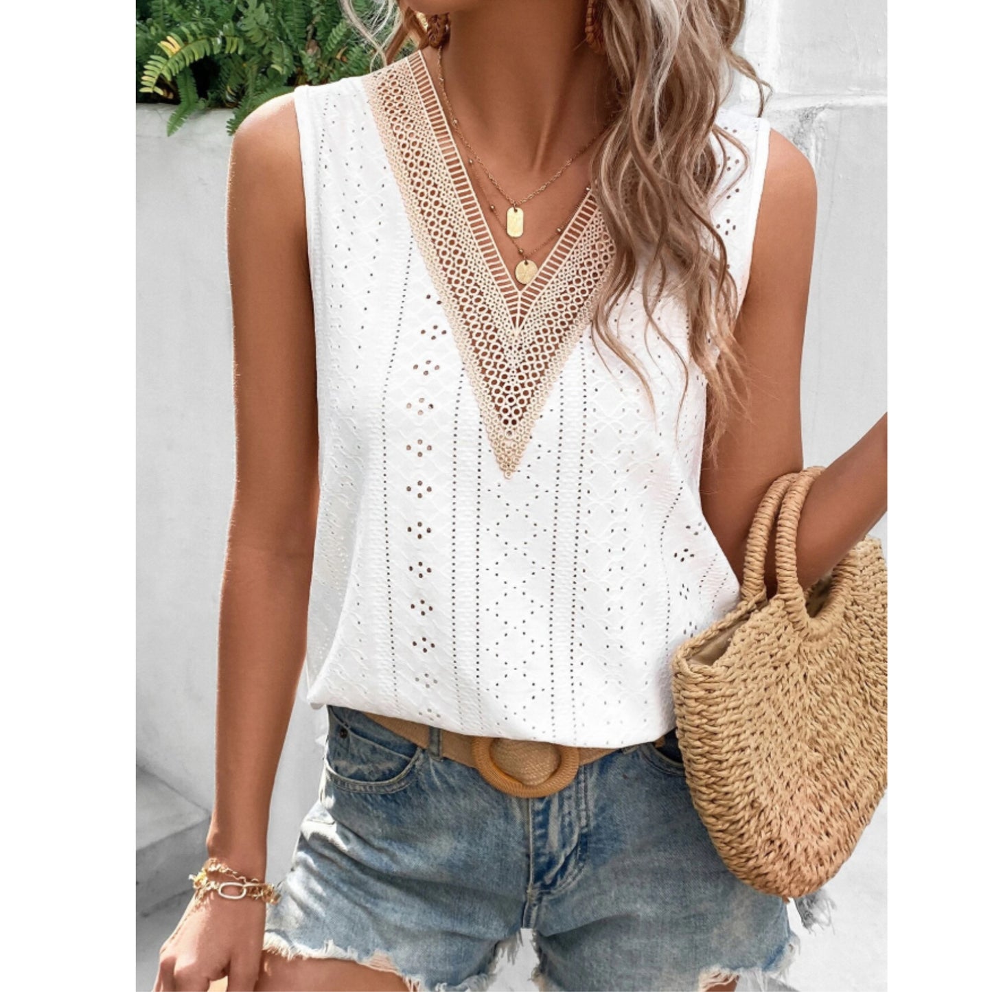 SHEIN - Lace Panel Eyelet Embroidery blouse