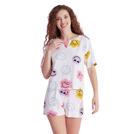 SIYAH INCI Womens Pajama L / White SIYAH INCI - All Over Smiley Printed Pajama Set