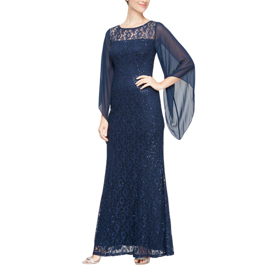 SLNY Womens Dress L / Navy SLNY - Bluefly Lace Embellished Evening Dress