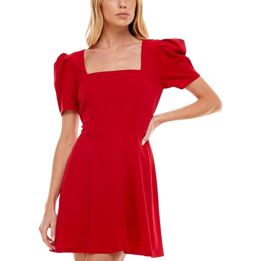 SPEECHLESS Womens Dress XS / Red SPEECHLESS - Square Neck Puff Sleeves Fit & Flare Dress
