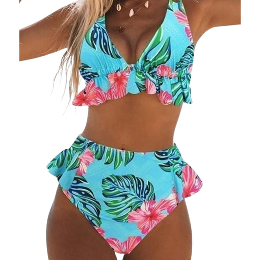 SPORLIKE Womens Swimwear XL / Multi-Color SPORLIKE  -  Tropical Floral Aqua Blue Ruffle Triangle Bikini