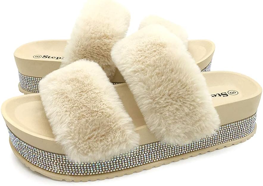 STEPLINK Womens Shoes 40 / Beige STEPLINK - Faux Fur Shiny Rhinestones, Arch Support Comfort Fuzzy Slippers