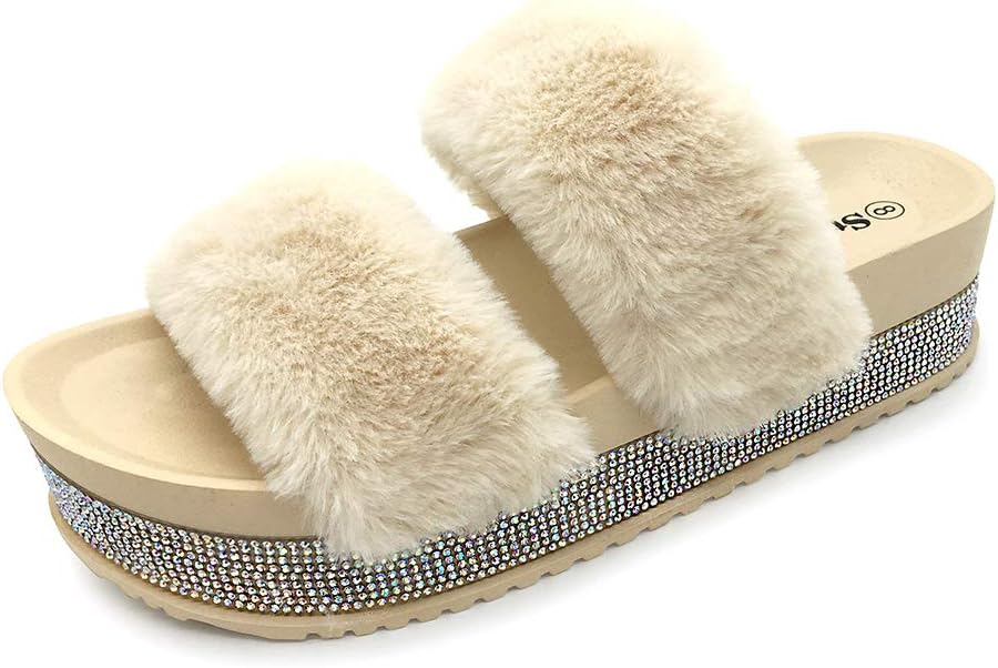 STEPLINK Faux Fur Shiny Rhinestones Arch Support Comfort Fuzzy