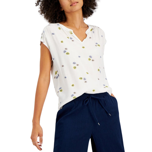 STYLE & CO. Womens Tops Petite S / White STYLE & CO -  Petite Floral-Print Split-Neck Top