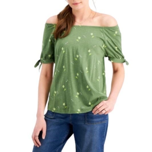 STYLE & CO. Womens Tops Petite M / Green STYLE & CO. -  Printed Off-the-Shoulder Tie Sleeve Top