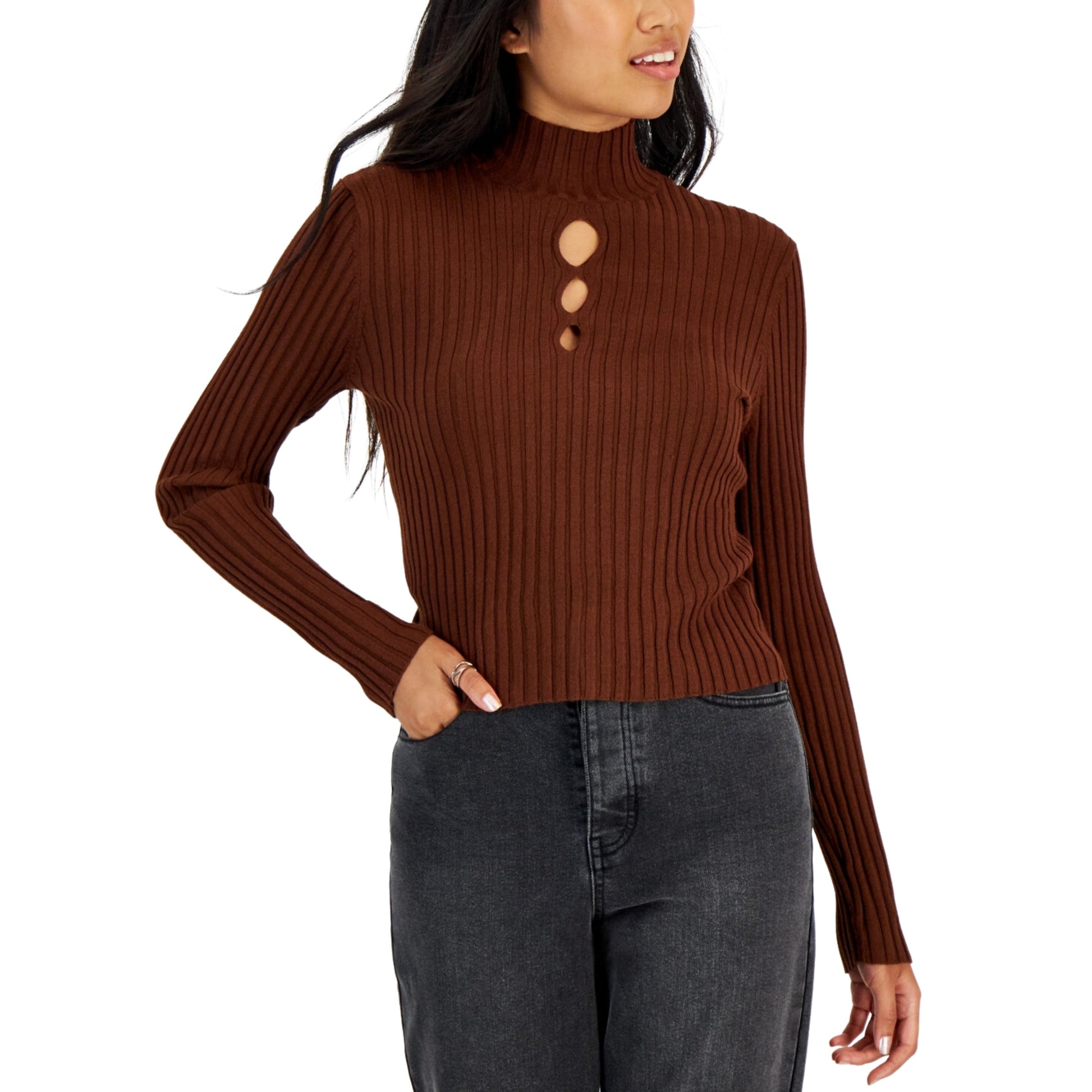 SUGAR MOON Womens Tops L / Brown SUGAR MOON - Long Sleeve Mock Neck Cut out Top