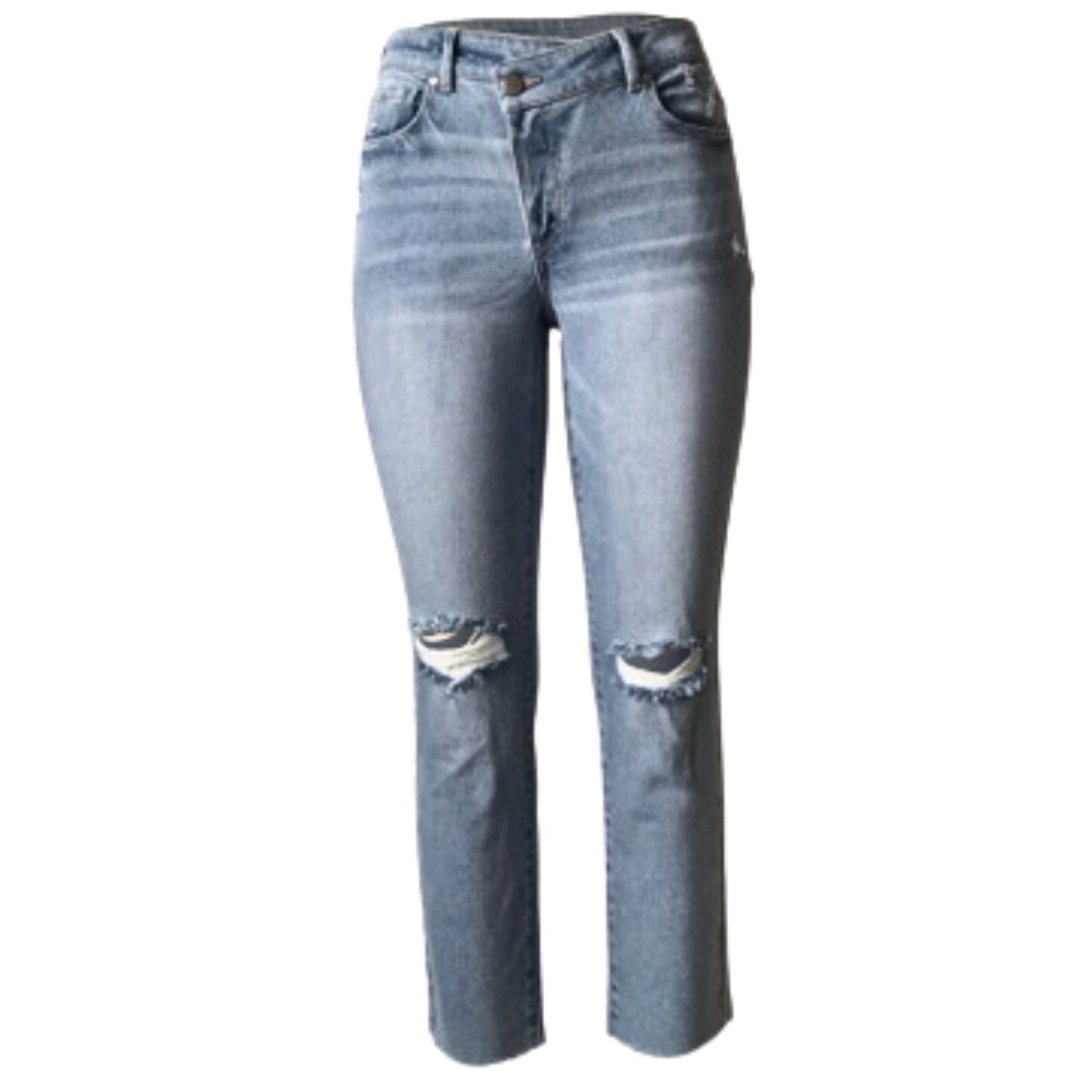 TINSELTOWN S / Blue TINSELTOWN - Ripped Asymmetrical Straight-Leg Jeans