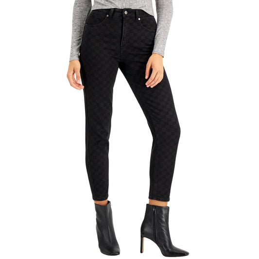 TINSELTOWN Womens Bottoms M / Black TINSELTOWN -  Dana Checkered High-Rise Jeans
