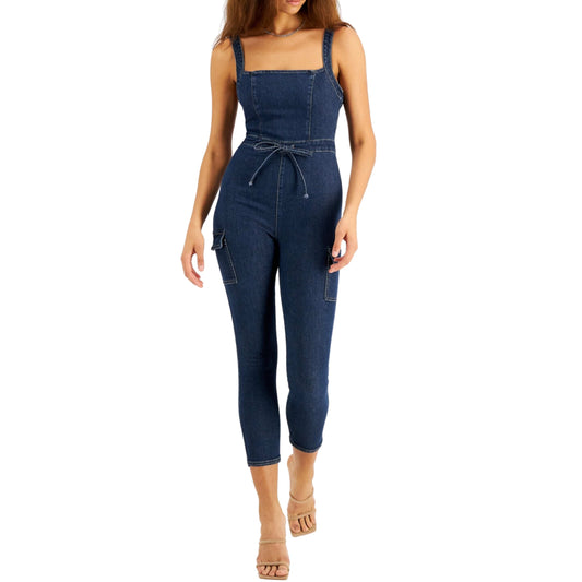 TINSELTOWN Womens Overall M / Blue TINSELTOWN -  Belted Denim Jumpsuit with Ruffle