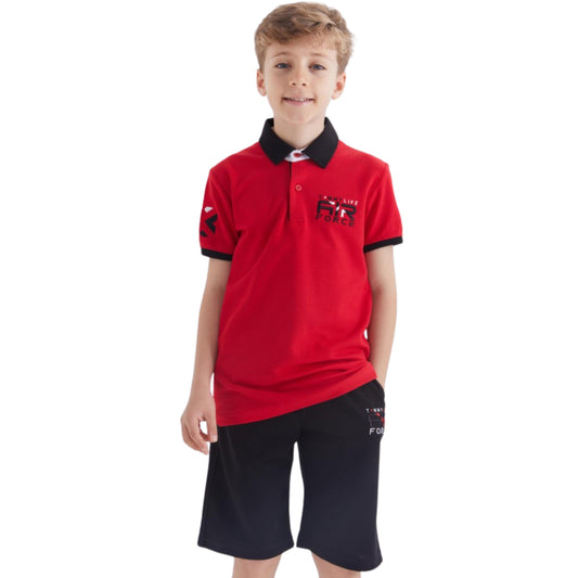 TOMMY LIFE Boys Set M / Multi-Color TOMMY LIFE - Kids - Black Text Embroidered Polo Neck Short Sleeve Set