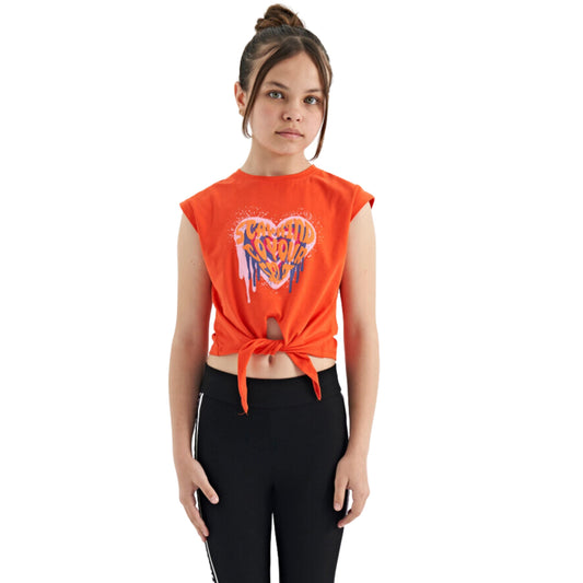 TOMMY LIFE Girls Tops XS / Orange TOMMY LIFE - KIDS - Printed Front Knot Detailed Comfortable Form  T-Shirt