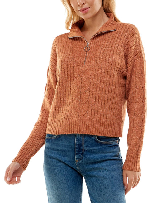 ULTRA FLIRT Womens Tops S / Orange ULTRA FLIRT - Cable-Knit Zip Sweater