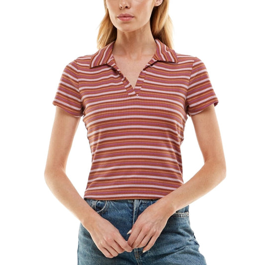 ULTRA FLIRT Womens Tops ULTRA FLIRT - Striped Ribbed Polo T-Shirt