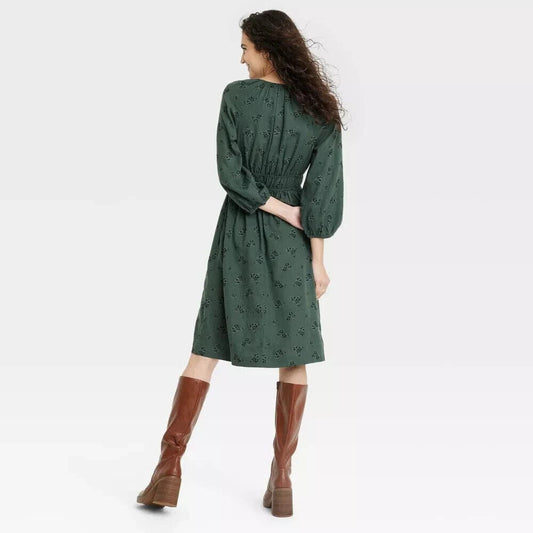 UNIVERSAL THREAD Womens Dress S / Green UNIVERSAL THREAD - Tie-Front Puff 3/4 Sleeve Midi Dress