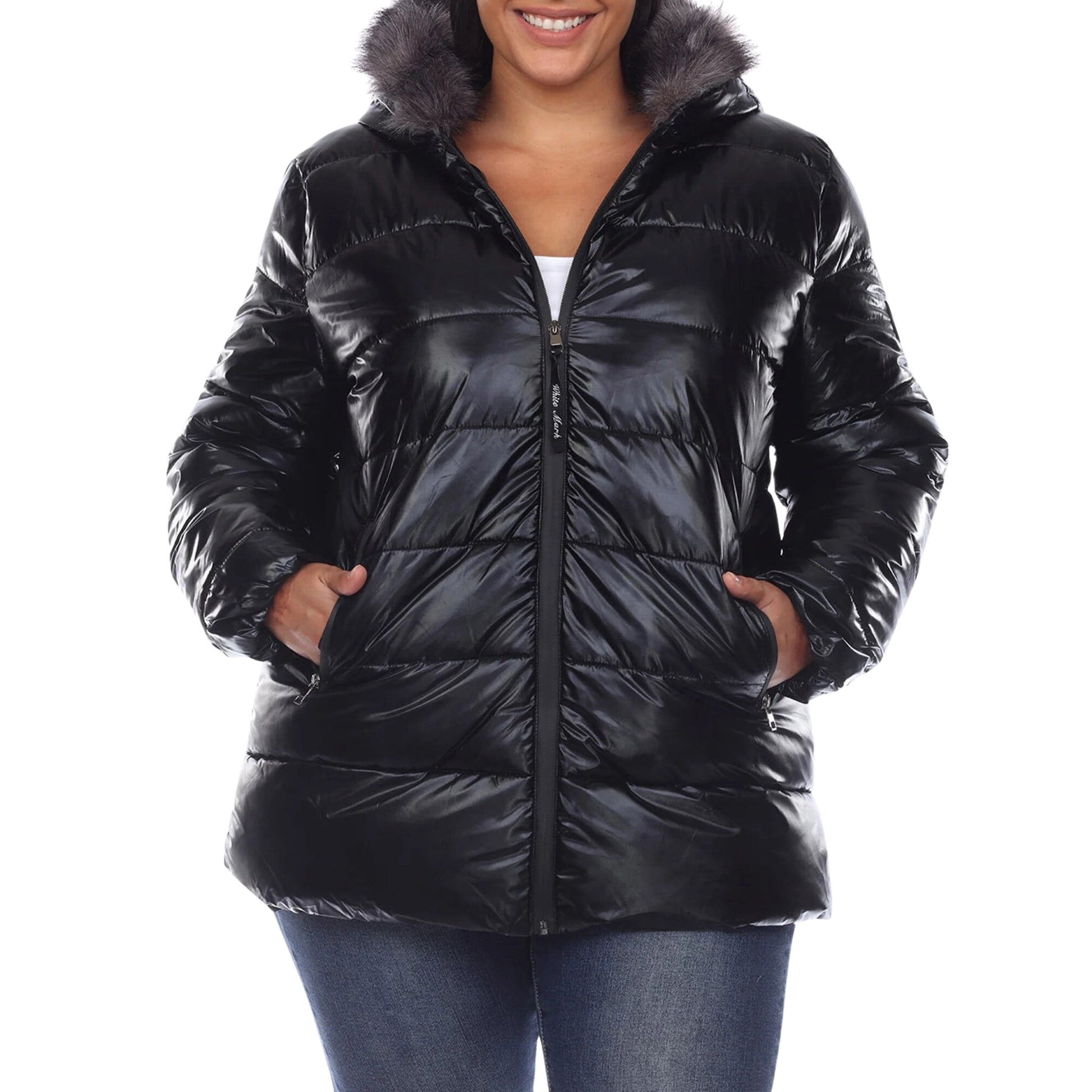 WHITE MARK Womens Jackets XXL / Black WHITE MARK - Metallic Puffer Coat with Hoodie