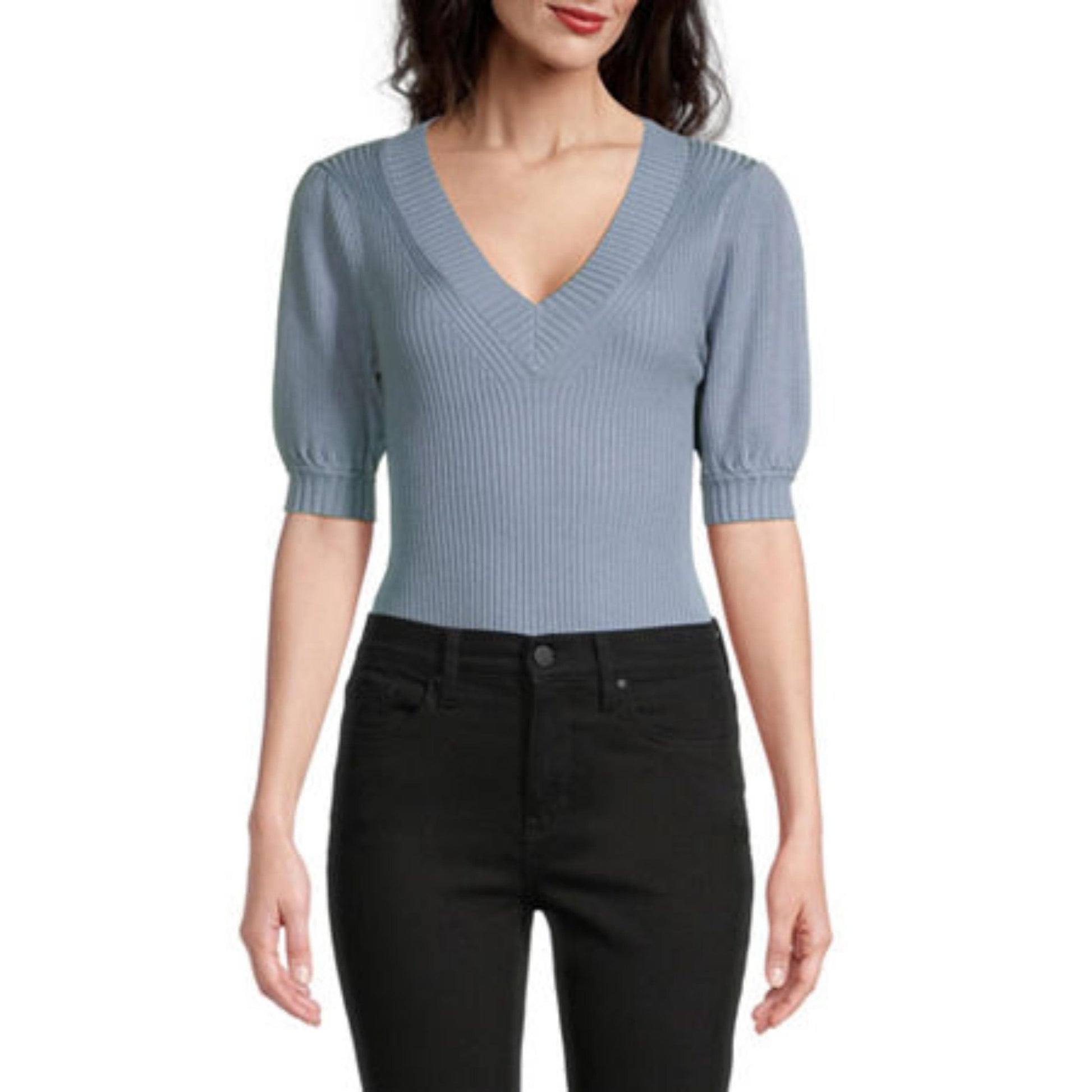 WORTHINGTON Womens Tops Petite M / Blue WORTHINGTON -  V Neck Elbow Sleeve Pullover Sweater