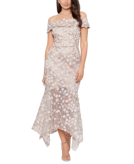 XSCAPE Womens Dress L / Beige XSCAPE - 3D-Floral Off-the-Shoulder Gown
