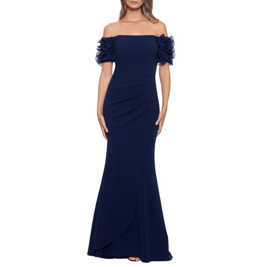 XSCAPE Womens Dress L / Navy XSCAPE - Off-the-Shoulder Ruffled-Sleeve Gown