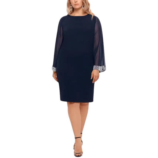 XSCAPE Womens Dress XXL / Navy XSCAPE - Plus Beaded Knee Length Shift Dress
